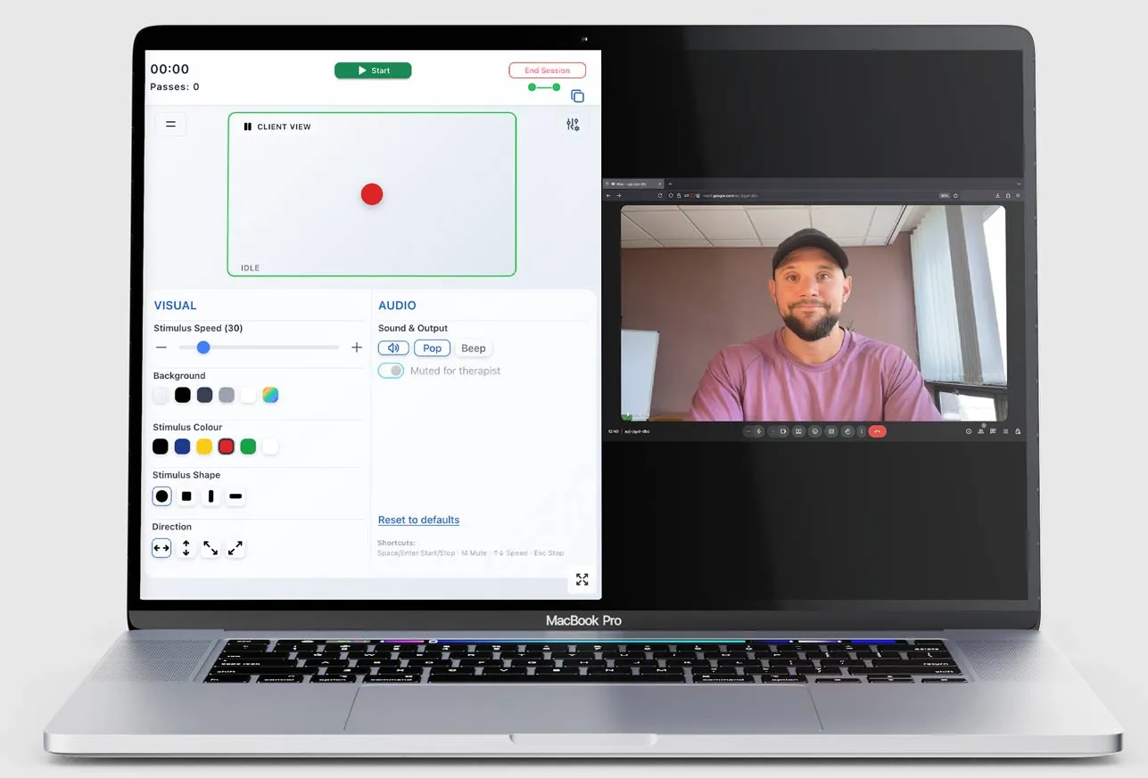 Split screen example showing therapist video call beside Horizon EMDR stimulus window